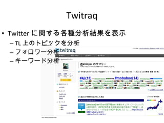 Twitraq Twitter に関する各種分析結果を表示 TL 上のトピックを分析 フォロワー分析 キーワード分析 