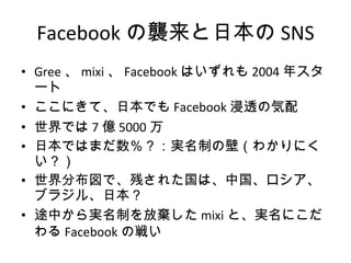 Facebook の襲来と日本の SNS Gree 、 mixi 、 Facebook はいずれも 2004 年スタート ここにきて、日本でも Facebook 浸透の気配 世界では 7 億 5000 万 日本ではまだ数％？：実名制の壁（わかりにくい？） 世界分布図で、残された国は、中国、ロシア、ブラジル、日本？ 途中から実名制を放棄した mixi と、実名にこだわる Facebook の戦い 