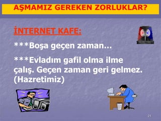 21 
AŞMAMIZ GEREKEN ZORLUKLAR? 
İNTERNET KAFE: 
***Boşa geçen zaman… 
***Evladım gafil olma ilme 
çalış. Geçen zaman geri gelmez. 
(Hazretimiz) 
 