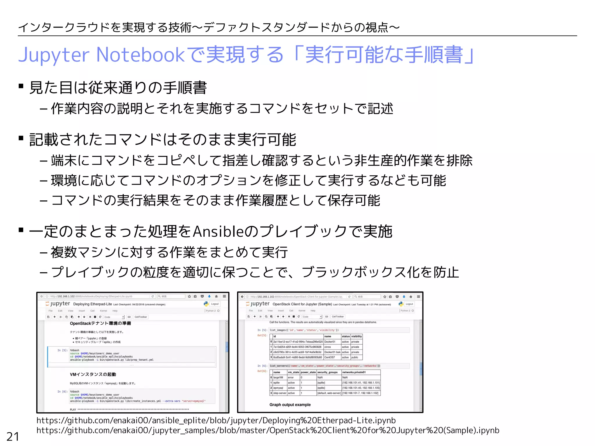 21
インタークラウドを実現する技術〜デファクトスタンダードからの視点〜
Jupyter Notebookで実現する「実行可能な手順書」
 見た目は従来通りの手順書
– 作業内容の説明とそれを実施するコマンドをセットで記述
 記載されたコマンドはそのまま実行可能
– 端末にコマンドをコピペして指差し確認するという非生産的作業を排除
– 環境に応じてコマンドのオプションを修正して実行するなども可能
– コマンドの実行結果をそのまま作業履歴として保存可能
 一定のまとまった処理をAnsibleのプレイブックで実施
– 複数マシンに対する作業をまとめて実行
– プレイブックの粒度を適切に保つことで、ブラックボックス化を防止
https://github.com/enakai00/ansible_eplite/blob/jupyter/Deploying%20Etherpad-Lite.ipynb
https://github.com/enakai00/jupyter_samples/blob/master/OpenStack%20Client%20for%20Jupyter%20(Sample).ipynb
 