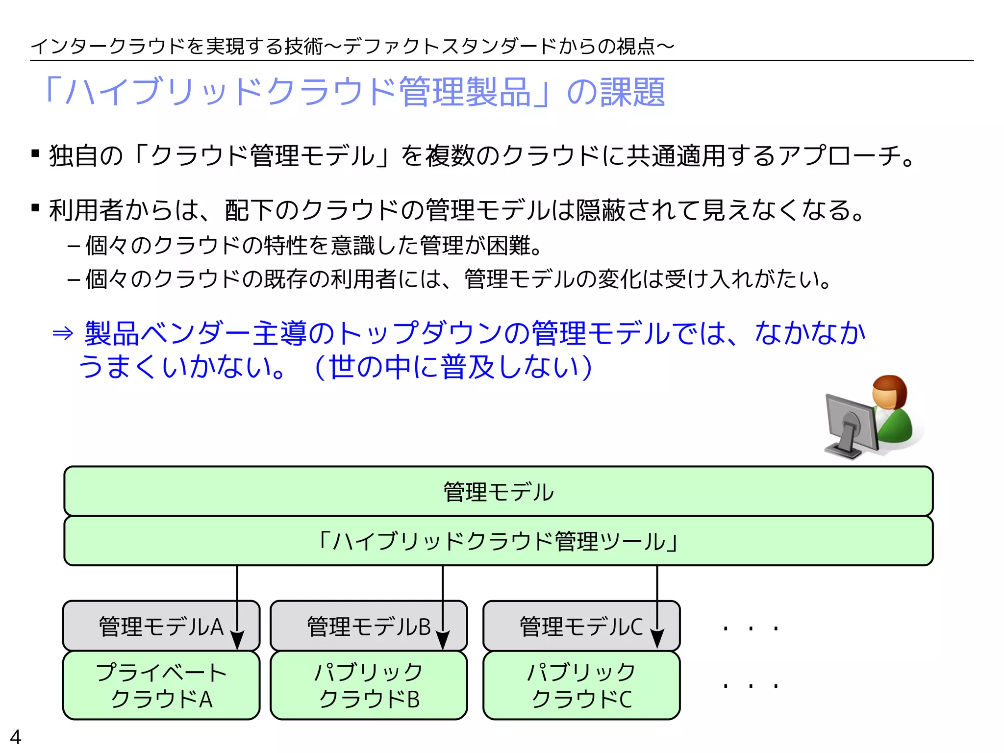 4
インタークラウドを実現する技術〜デファクトスタンダードからの視点〜
「ハイブリッドクラウド管理製品」の課題
 独自の「クラウド管理モデル」を複数のクラウドに共通適用するアプローチ。
 利用者からは、配下のクラウドの管理モデルは隠蔽されて見えなくなる。
– 個々のクラウドの特性を意識した管理が困難。
– 個々のクラウドの既存の利用者には、管理モデルの変化は受け入れがたい。
⇒ 製品ベンダー主導のトップダウンの管理モデルでは、なかなか　　　
　うまくいかない。（世の中に普及しない）
プライベート
クラウドA
パブリック
クラウドB
管理モデルA 管理モデルB
パブリック
クラウドC
管理モデルC ・・・
・・・
「ハイブリッドクラウド管理ツール」
管理モデル
 