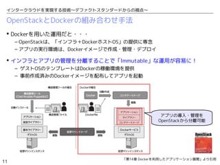 11
インタークラウドを実現する技術〜デファクトスタンダードからの視点〜
OpenStackとDockerの組み合わせ手法
 Dockerを用いた運用だと・・・
– OpenStackは、「インフラ＋DockerホストOS」の提供に専念
– アプリの実行環境は、Dockerイメージで作成・管理・デプロイ
 インフラとアプリの管理を分離することで「Immutable」な運用が容易に！
– ゲストOSのテンプレートはDockerの稼働環境を提供
– 事前作成済みのDockerイメージを配布してアプリを起動
「第14章 Dockerを利用したアプリケーション展開」より引用
アプリの導入・管理を
OpenStackから分離可能
 