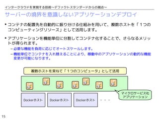 15
インタークラウドを実現する技術〜デファクトスタンダードからの視点〜
サーバーの境界を意識しないアプリケーションデプロイ
 コンテナの配置先を自動的に振り分ける仕組みを用いて、複数ホストを「１つの
コンピューティングリソース」として活用します。
 アプリケーションを機能単位に分割してコンテナ化することで、さらなるメリッ
トが得られます。
– 必要な機能を負荷に応じてオートスケールします。
– 機能単位でコンテナを入れ替えることにより、稼働中のアプリケーションの動的な機能
変更が可能になります。
Dockerホスト Dockerホスト Dockerホスト ・・・
複数ホストを束ねて「１つのコンピュータ」として活用
マイクロサービス化
アプリケーション
 