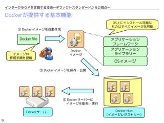 9
インタークラウドを実現する技術〜デファクトスタンダードからの視点〜
Dockerが提供する基本機能
Dockerfile
① Dockerイメージを自動作成
OSイメージ
アプリケーション
ライブラリー
アプリケーション
フレームワーク
イメージの
作成手順を記載
Docker
イメージ
OS上にインストール可能な
ものはすべてイメージ化可能
② Dockerイメージを保存・公開
③ Dockerサーバーに
　イメージを配布・実行
 
