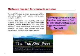 22
Mistakes happen for concrete reasons
The red "X" is just a simple assessment of the
actions that student took -- actions he or she can
easily fix next time.
Sharing that clarity and causality with your
students is the best way to teach deliberate
practice, instill motivation and help them
develop a more constructive relationship with
mistakes. In short, this creates the class
you and your students have always wanted.
 