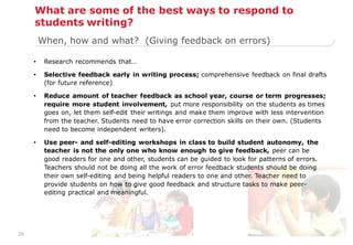 29
• Research recommends that…
• Selective feedback early in writing process; comprehensive feedback on final drafts
(for future reference)
• Reduce amount of teacher feedback as school year, course or term progresses;
require more student involvement, put more responsibility on the students as times
goes on, let them self-edit their writings and make them improve with less intervention
from the teacher. Students need to have error correction skills on their own. (Students
need to become independent writers).
• Use peer- and self-editing workshops in class to build student autonomy, the
teacher is not the only one who know enough to give feedback, peer can be
good readers for one and other, students can be guided to look for patterns of errors.
Teachers should not be doing all the work of error feedback students should be doing
their own self-editing and being helpful readers to one and other. Teacher need to
provide students on how to give good feedback and structure tasks to make peer-
editing practical and meaningful.
When, how and what? (Giving feedback on errors)
What are some of the best ways to respond to
students writing?
 
