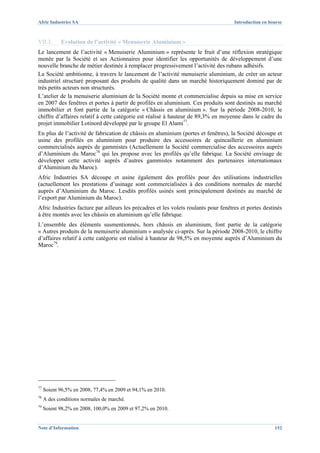 Afric Industries SA                                                                   Introduction en bourse



VII.3.      Evolution de l’activité « Menuiserie Aluminium »
Le lancement de l’activité « Menuiserie Aluminium » représente le fruit d’une réflexion stratégique
menée par la Société et ses Actionnaires pour identifier les opportunités de développement d’une
nouvelle branche de métier destinée à remplacer progressivement l’activité des rubans adhésifs.
La Société ambitionne, à travers le lancement de l’activité menuiserie aluminium, de créer un acteur
industriel structuré proposant des produits de qualité dans un marché historiquement dominé par de
très petits acteurs non structurés.
L’atelier de la menuiserie aluminium de la Société monte et commercialise depuis sa mise en service
en 2007 des fenêtres et portes à partir de profilés en aluminium. Ces produits sont destinés au marché
immobilier et font partie de la catégorie « Châssis en aluminium ». Sur la période 2008-2010, le
chiffre d’affaires relatif à cette catégorie est réalisé à hauteur de 89,3% en moyenne dans le cadre du
projet immobilier Lotinord développé par le groupe El Alami77.
En plus de l’activité de fabrication de châssis en aluminium (portes et fenêtres), la Société découpe et
usine des profilés en aluminium pour produire des accessoires de quincaillerie en aluminium
commercialisés auprès de gammistes (Actuellement la Société commercialise des accessoires auprès
d’Aluminium du Maroc78 qui les propose avec les profilés qu’elle fabrique. La Société envisage de
développer cette activité auprès d’autres gammistes notamment des partenaires internationaux
d’Aluminium du Maroc).
Afric Industries SA découpe et usine également des profilés pour des utilisations industrielles
(actuellement les prestations d’usinage sont commercialisées à des conditions normales de marché
auprès d’Aluminium du Maroc. Lesdits profilés usinés sont principalement destinés au marché de
l’export par Aluminium du Maroc).
Afric Industries facture par ailleurs les précadres et les volets roulants pour fenêtres et portes destinés
à être montés avec les châssis en aluminium qu’elle fabrique.
L’ensemble des éléments susmentionnés, hors châssis en aluminium, font partie de la catégorie
« Autres produits de la menuiserie aluminium » analysée ci-après. Sur la période 2008-2010, le chiffre
d’affaires relatif à cette catégorie est réalisé à hauteur de 98,5% en moyenne auprès d’Aluminium du
Maroc79.




77
     Soient 96,5% en 2008, 77,4% en 2009 et 94,1% en 2010.
78
     A des conditions normales de marché.
79
     Soient 98,2% en 2008, 100,0% en 2009 et 97,2% en 2010.


Note d’Information                                                                                      152
 