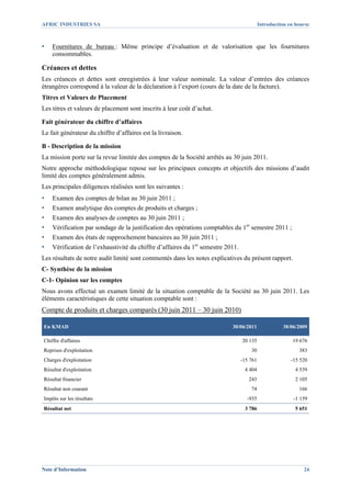 AFRIC INDUSTRIES SA                                                                        Introduction en bourse



▪   Fournitures de bureau : Même principe d’évaluation et de valorisation que les fournitures
    consommables.

Créances et dettes
Les créances et dettes sont enregistrées à leur valeur nominale. La valeur d’entrées des créances
étrangères correspond à la valeur de la déclaration à l’export (cours de la date de la facture).
Titres et Valeurs de Placement
Les titres et valeurs de placement sont inscrits à leur coût d’achat.

Fait générateur du chiffre d’affaires
Le fait générateur du chiffre d’affaires est la livraison.

B - Description de la mission
La mission porte sur la revue limitée des comptes de la Société arrêtés au 30 juin 2011.
Notre approche méthodologique repose sur les principaux concepts et objectifs des missions d’audit
limité des comptes généralement admis.
Les principales diligences réalisées sont les suivantes :
▪   Examen des comptes de bilan au 30 juin 2011 ;
▪   Examen analytique des comptes de produits et charges ;
▪   Examen des analyses de comptes au 30 juin 2011 ;
▪   Vérification par sondage de la justification des opérations comptables du 1er semestre 2011 ;
▪   Examen des états de rapprochement bancaires au 30 juin 2011 ;
▪   Vérification de l’exhaustivité du chiffre d’affaires du 1er semestre 2011.
Les résultats de notre audit limité sont commentés dans les notes explicatives du présent rapport.
C- Synthèse de la mission
C-1- Opinion sur les comptes
Nous avons effectué un examen limité de la situation comptable de la Société au 30 juin 2011. Les
éléments caractéristiques de cette situation comptable sont :
Compte de produits et charges comparés (30 juin 2011 – 30 juin 2010)

En KMAD                                                                    30/06/2011                30/06/2009

Chiffre d'affaires                                                               20 135                   19 676
Reprises d'exploitation                                                              30                     383
Charges d'exploitation                                                           -15 761                 -15 520
Résultat d'exploitation                                                           4 404                    4 539
Résultat financier                                                                  243                    2 105
Résultat non courant                                                                 74                     166
Impôts sur les résultats                                                           -935                   -1 159
Résultat net                                                                      3 786                    5 651




Note d’Information                                                                                            24
 