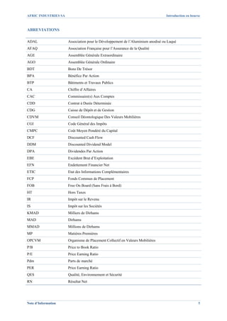 AFRIC INDUSTRIES SA                                                              Introduction en bourse



ABREVIATIONS

ADAL                  Association pour le Développement de l’Aluminium anodisé ou Laqué
AFAQ                  Association Française pour l’Assurance de la Qualité
AGE                   Assemblée Générale Extraordinaire
AGO                   Assemblée Générale Ordinaire
BDT                   Bons De Trésor
BPA                   Bénéfice Par Action
BTP                   Bâtiments et Travaux Publics
CA                    Chiffre d’Affaires
CAC                   Commissaire(s) Aux Comptes
CDD                   Contrat à Durée Déterminée
CDG                   Caisse de Dépôt et de Gestion
CDVM                  Conseil Déontologique Des Valeurs Mobilières
CGI                   Code Général des Impôts
CMPC                  Coût Moyen Pondéré du Capital
DCF                   Discounted Cash Flow
DDM                   Discounted Dividend Model
DPA                   Dividendes Par Action
EBE                   Excédent Brut d’Exploitation
EFN                   Endettement Financier Net
ETIC                  Etat des Informations Complémentaires
FCP                   Fonds Commun de Placement
FOB                   Free On Board (Sans Frais à Bord)
HT                    Hors Taxes
IR                    Impôt sur le Revenu
IS                    Impôt sur les Sociétés
KMAD                  Milliers de Dirhams
MAD                   Dirhams
MMAD                  Millions de Dirhams
MP                    Matières Premières
OPCVM                 Organisme de Placement Collectif en Valeurs Mobilières
P/B                   Price to Book Ratio
P/E                   Price Earning Ratio
Pdm                   Parts de marché
PER                   Price Earning Ratio
QES                   Qualité, Environnement et Sécurité
RN                    Résultat Net




Note d’Information                                                                                   5
 