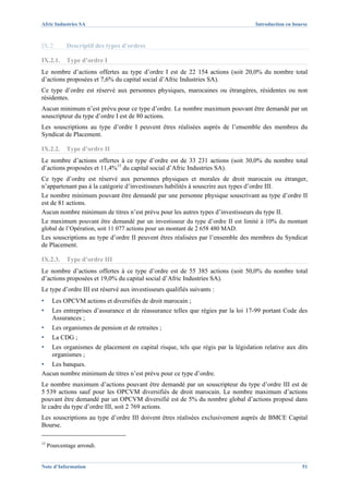 Afric Industries SA                                                                  Introduction en bourse



IX.2.        Descriptif des types d’ordres

IX.2.1.      Type d’ordre I
Le nombre d’actions offertes au type d’ordre I est de 22 154 actions (soit 20,0% du nombre total
d’actions proposées et 7,6% du capital social d’Afric Industries SA).
Ce type d’ordre est réservé aux personnes physiques, marocaines ou étrangères, résidentes ou non
résidentes.
Aucun minimum n’est prévu pour ce type d’ordre. Le nombre maximum pouvant être demandé par un
souscripteur du type d’ordre I est de 80 actions.
Les souscriptions au type d’ordre I peuvent êtres réalisées auprès de l’ensemble des membres du
Syndicat de Placement.

IX.2.2.      Type d’ordre II
Le nombre d’actions offertes à ce type d’ordre est de 33 231 actions (soit 30,0% du nombre total
d’actions proposées et 11,4%15 du capital social d’Afric Industries SA).
Ce type d’ordre est réservé aux personnes physiques et morales de droit marocain ou étranger,
n’appartenant pas à la catégorie d’investisseurs habilités à souscrire aux types d’ordre III.
Le nombre minimum pouvant être demandé par une personne physique souscrivant au type d’ordre II
est de 81 actions.
Aucun nombre minimum de titres n’est prévu pour les autres types d’investisseurs du type II.
Le maximum pouvant être demandé par un investisseur du type d’ordre II est limité à 10% du montant
global de l’Opération, soit 11 077 actions pour un montant de 2 658 480 MAD.
Les souscriptions au type d’ordre II peuvent êtres réalisées par l’ensemble des membres du Syndicat
de Placement.

IX.2.3.      Type d’ordre III
Le nombre d’actions offertes à ce type d’ordre est de 55 385 actions (soit 50,0% du nombre total
d’actions proposées et 19,0% du capital social d’Afric Industries SA).
Le type d’ordre III est réservé aux investisseurs qualifiés suivants :
▪      Les OPCVM actions et diversifiés de droit marocain ;
▪      Les entreprises d’assurance et de réassurance telles que régies par la loi 17-99 portant Code des
       Assurances ;
▪      Les organismes de pension et de retraites ;
▪      La CDG ;
▪      Les organismes de placement en capital risque, tels que régis par la législation relative aux dits
       organismes ;
▪  Les banques.
Aucun nombre minimum de titres n’est prévu pour ce type d’ordre.
Le nombre maximum d’actions pouvant être demandé par un souscripteur du type d’ordre III est de
5 539 actions sauf pour les OPCVM diversifiés de droit marocain. Le nombre maximum d’actions
pouvant être demandé par un OPCVM diversifié est de 5% du nombre global d’actions proposé dans
le cadre du type d’ordre III, soit 2 769 actions.
Les souscriptions au type d’ordre III doivent êtres réalisées exclusivement auprès de BMCE Capital
Bourse.

15
     Pourcentage arrondi.


Note d’Information                                                                                      51
 