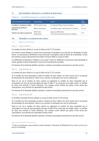 Afric Industries SA                                                                                Introduction en bourse



X.          Intermédiaires financiers et syndicat de placement
Tableau 21      Intermédiaires financiers et syndicat de placement

                                                                                                               Type
Type d’intermédiaires financiers    Dénomination           Adresse
                                                                                                               d’ordre
Conseiller et Coordinateur Global   BMCE Capital Conseil   63, boulevard Moulay Youssef, Casablanca            Aucun
Chef de file du syndicat de
                                    BMCE Capital Bourse    Tour BMCE Capital, 140, Bd Hassan II, Casablanca    I, II et III
placement
                                    BMCE Bank              Agences de BMCE Bank
Membres du syndicat de placement                                                                               I et II
                                    Integra Bourse         23, Rue Ibnou Hilal, Quartier Racine, Casablanca


XI.         Modalités et traitement des ordres
XI.1.       Règles d’attribution

XI.1.1.     Type d’ordre I
Le nombre de titres alloués à ce type d’ordre est de 22 154 actions.
Les actions seront allouées à raison d’une action par souscripteur avec priorité aux demandes les plus
fortes. Le mécanisme d’attribution d’une action par souscripteur, dans la limite de sa demande, se fera
par itération, jusqu’à épuisement du nombre d’actions dédié à ce type d’ordre.
Le différentiel d’allocation s’établira à une action18 entre les différents investisseurs ayant demandé la
même quantité et dont la demande n’aura pas été entièrement satisfaite.
En fonction de la demande globale exprimée, certaines souscriptions pourraient ne pas être servies.

XI.1.2.     Type d’ordre II
Le nombre de titres alloués à ce type d’ordre est de 33 231 actions.
Si le nombre de titres demandés excède le nombre de titres offerts, les titres seront servis au prorata
des demandes de souscriptions. Dans le cas contraire, la demande sera servie entièrement.
Dans le cas où le nombre de titres calculé en rapportant le nombre de titres demandés par le
souscripteur au ratio de sursouscription du type d’ordre II ne serait pas un nombre entier, ce nombre
de titres sera arrondi à l’unité inférieure. Les rompus seront alloués par palier d’une action par
souscripteur, avec priorité aux demandes les plus fortes.
En fonction de la demande globale exprimée, certaines souscriptions pourraient ne pas être servies.

XI.1.3.     Type d’ordre III
Le nombre maximum de titres alloués à ce type d’ordre est de 55 385 actions.
Si le nombre de titres demandés excède le nombre de titres offerts, les titres seront servis au prorata
des demandes de souscriptions. Dans le cas contraire, la demande sera servie entièrement.
Dans le cas où le nombre de titres calculé en rapportant le nombre de titres demandés par le
souscripteur au ratio de sursouscription du type d’ordre III ne serait pas un nombre entier, ce nombre
de titres sera arrondi à l’unité inférieure. Les rompus seront alloués par palier d’une action par
souscripteur, avec priorité aux demandes les plus fortes.
En fonction de la demande globale exprimée, certaines souscriptions pourraient ne pas être servies.



18
  Pour les investisseurs ayant formulé la même demande, l’allocation du différentiel d’une action se fera sur la
base de l’horodatage.


Note d’Information                                                                                                        56
 