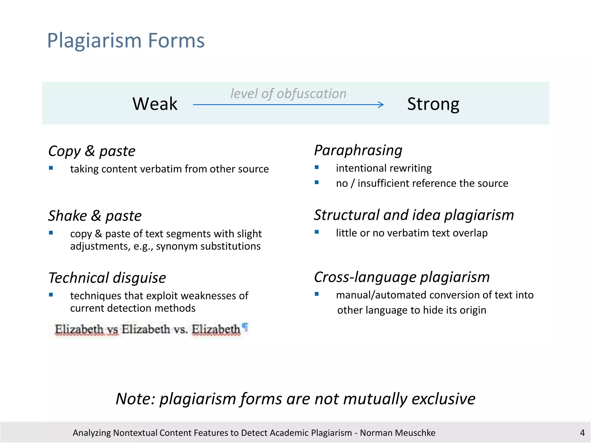 Plagiarism Forms
Note: plagiarism forms are not mutually exclusive
Paraphrasing
 intentional rewriting
 no / insufficient reference the source
Structural and idea plagiarism
 little or no verbatim text overlap
Cross-language plagiarism
 manual/automated conversion of text into
other language to hide its origin
Copy & paste
 taking content verbatim from other source
Shake & paste
 copy & paste of text segments with slight
adjustments, e.g., synonym substitutions
Technical disguise
 techniques that exploit weaknesses of
current detection methods
Analyzing Nontextual Content Features to Detect Academic Plagiarism - Norman Meuschke 4
Weak Strong
level of obfuscation
 