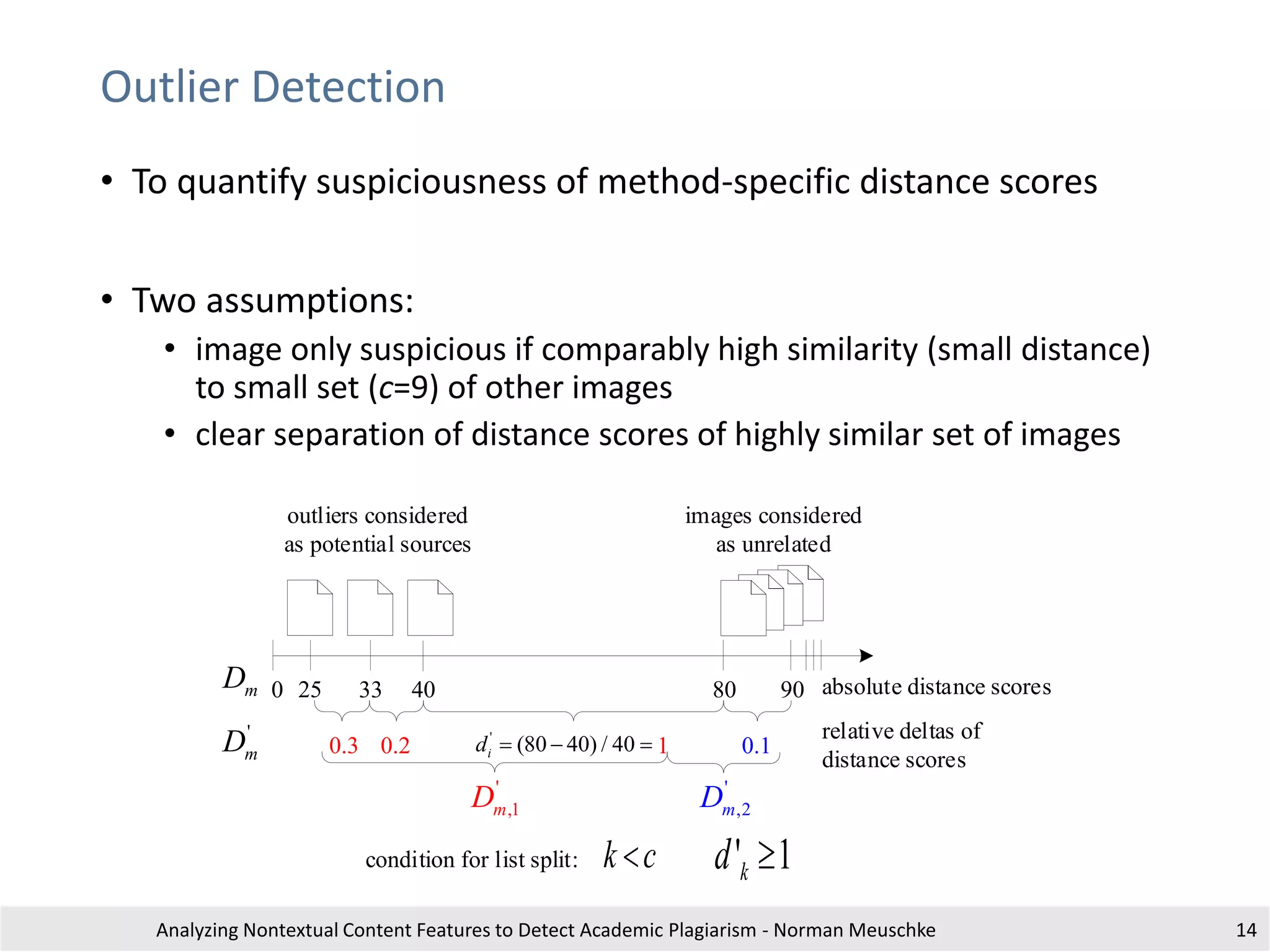 Outlier Detection
• To quantify suspiciousness of method-specific distance scores
• Two assumptions:
• image only suspicious if comparably high similarity (small distance)
to small set (c=9) of other images
• clear separation of distance scores of highly similar set of images
Analyzing Nontextual Content Features to Detect Academic Plagiarism - Norman Meuschke 14
0 25 33 40 80 90
outliers considered
as potential sources
images considered
as unrelated
mD
'
mD 0.3 0.2 0.1
'
(80 40) / 40id    1
'
,1mD '
,2mD
' 1kd 
absolute distance scores
relative deltas of
distance scores
condition for list split: k c
 