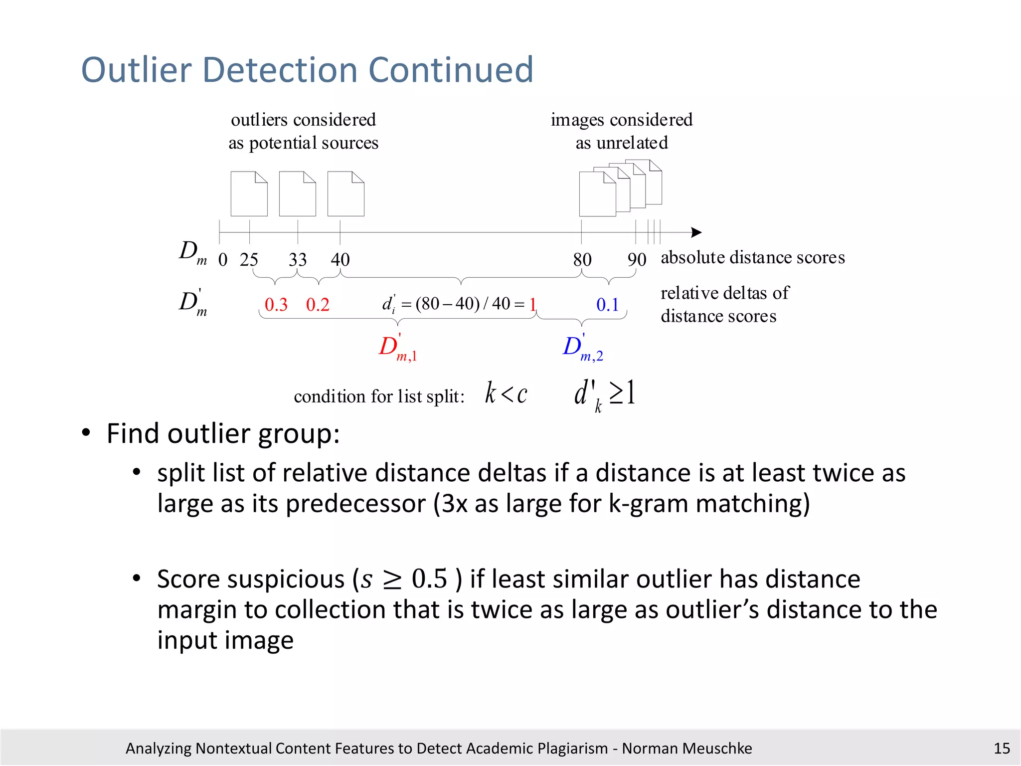 Outlier Detection Continued
• Find outlier group:
• split list of relative distance deltas if a distance is at least twice as
large as its predecessor (3x as large for k-gram matching)
• Score suspicious (𝑠 ≥ 0.5 ) if least similar outlier has distance
margin to collection that is twice as large as outlier’s distance to the
input image
Analyzing Nontextual Content Features to Detect Academic Plagiarism - Norman Meuschke 15
0 25 33 40 80 90
outliers considered
as potential sources
images considered
as unrelated
mD
'
mD 0.3 0.2 0.1
'
(80 40) / 40id    1
'
,1mD '
,2mD
' 1kd 
absolute distance scores
relative deltas of
distance scores
condition for list split: k c
 