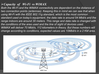 Capacity of Wi-Fi vs WiMAX
Both the Wi-Fi and the WiMAX connectivity are dependent on the distance of
two connection points (antennas). Keeping this in mind we can see that when
using Wi-Fi with the IEEE 802.11g standard, which is the most common
standard used on today’s equipment, the data rate is around 54 Mbit/s and the
range indoors are around 30 meters. This range and data rate is changed with
the conditions of the area used and the line of sight of devices used.
WiMAX will deliver 70 Mbit/s, 112 kilometers in theory. But these numbers will
change according to conditions, expected values are 10Mbit/s in a 2 KM area.
 