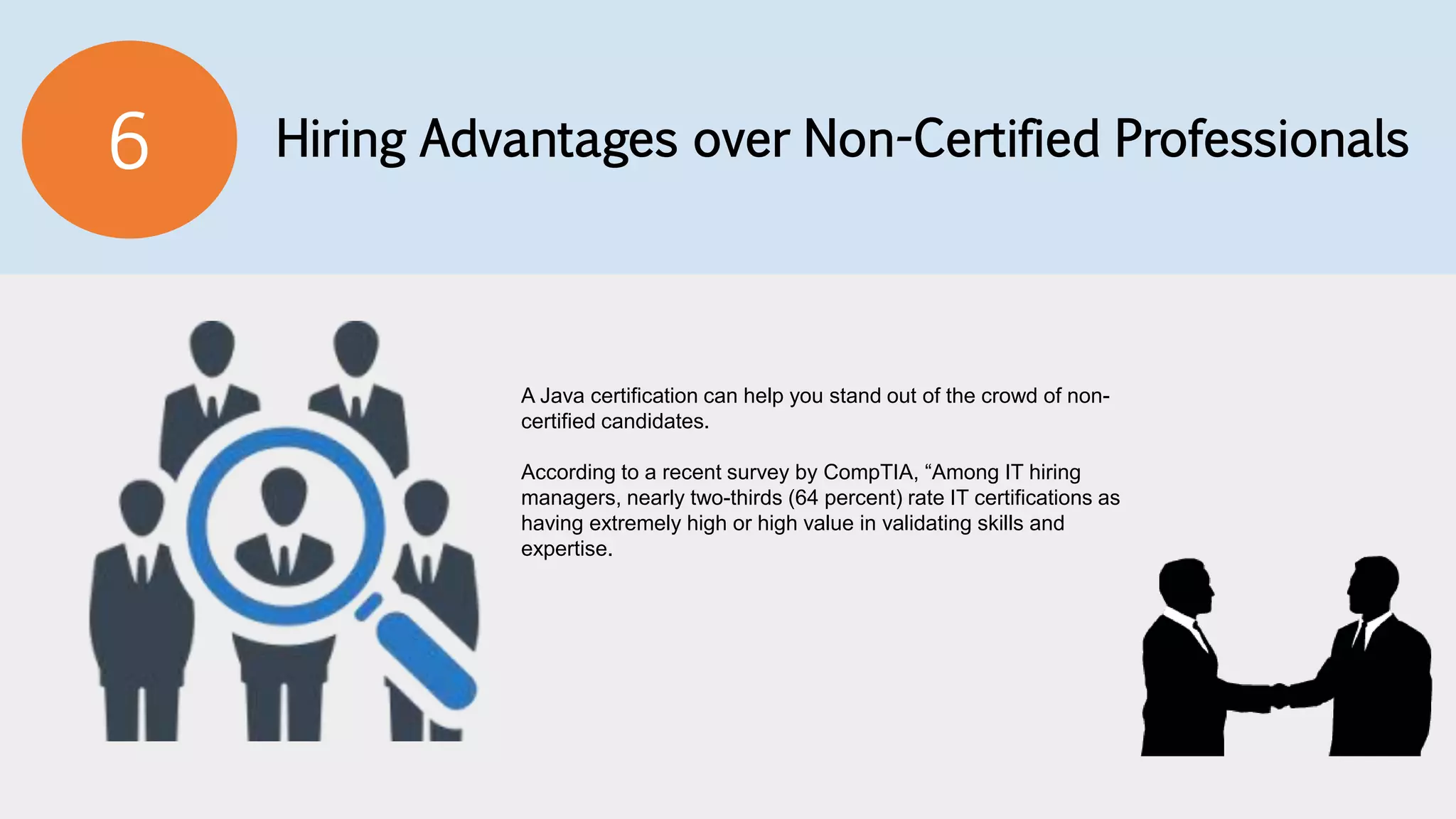 Hiring Advantages over Non-Certified Professionals6
A Java certification can help you stand out of the crowd of non-
certified candidates.
According to a recent survey by CompTIA, “Among IT hiring
managers, nearly two-thirds (64 percent) rate IT certifications as
having extremely high or high value in validating skills and
expertise.
 