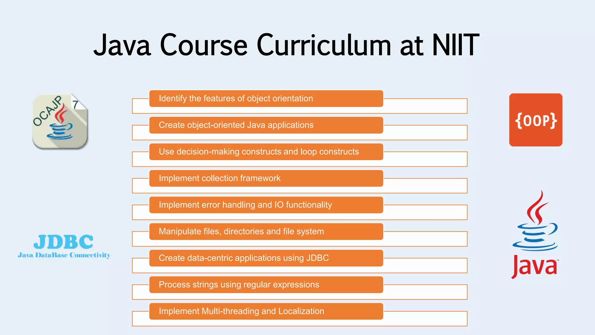 Java Course Curriculum at NIIT
Identify the features of object orientation
Create object-oriented Java applications
Use decision-making constructs and loop constructs
Implement collection framework
Implement error handling and IO functionality
Manipulate files, directories and file system
Create data-centric applications using JDBC
Process strings using regular expressions
Implement Multi-threading and Localization
 