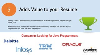 Adds Value to your Resume5
Having a Java Certification on your resume acts as a filtering criterion, helping you get
better jobs.
A certification on your back is an assurance to the hiring manager that you are a good
programmer and have the skills they require.
Companies Looking for Java Programmers
 