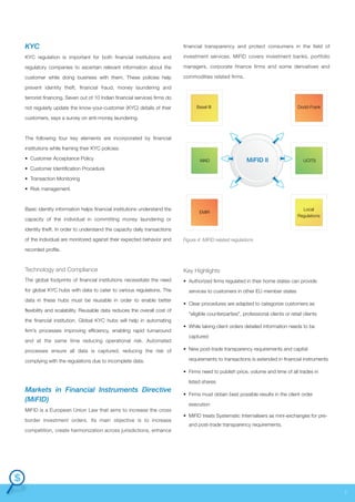 KYC

financial transparency and protect consumers in the field of

KYC regulation is important for both financial institutions and

investment services. MiFID covers investment banks, portfolio

regulatory companies to ascertain relevant information about the

managers, corporate finance firms and some derivatives and

customer while doing business with them. These policies help

commodities related firms.

prevent identity theft, financial fraud, money laundering and
terrorist financing. Seven out of 10 Indian financial services firms do
not regularly update the know-your-customer (KYC) details of their

Basel III

Dodd-Frank

customers, says a survey on anti-money laundering.

The following four key elements are incorporated by financial
institutions while framing their KYC policies:
• Customer Acceptance Policy

MAD

MiFID II

UCITS

• Customer Identification Procedure
• Transaction Monitoring
• Risk management.

Basic identity information helps financial institutions understand the

EMIR

capacity of the individual in committing money laundering or

Local
Regulations

identity theft. In order to understand the capacity daily transactions
of the individual are monitored against their expected behavior and

Figure 4: MiFID related regulations

recorded profile.

Technology and Compliance

Key Highlights

The global footprints of financial institutions necessitate the need

• Authorized firms regulated in their home states can provide

for global KYC hubs with data to cater to various regulations. The
data in these hubs must be reusable in order to enable better
flexibility and scalability. Reusable data reduces the overall cost of
the financial institution. Global KYC hubs will help in automating
firm’s processes improving efficiency, enabling rapid turnaround
and at the same time reducing operational risk. Automated
processes ensure all data is captured; reducing the risk of
complying with the regulations due to incomplete data.

services to customers in other EU member states
• Clear procedures are adapted to categorize customers as
"eligible counterparties", professional clients or retail clients
• While taking client orders detailed information needs to be
captured
• New post-trade transparency requirements and capital
requirements to transactions is extended in financial instruments
• Firms need to publish price, volume and time of all trades in
listed shares

Markets in Financial Instruments Directive
(MiFID)
MiFID is a European Union Law that aims to increase the cross
border investment orders. Its main objective is to increase
competition, create harmonization across jurisdictions, enhance

• Firms must obtain best possible results in the client order
execution
• MiFID treats Systematic Internalisers as mini-exchanges for preand post-trade transparency requirements.

7

 