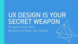 UX DESIGN IS YOUR
SECRET WEAPON
Product Camp 2015
By Elynn Lorimer, Niiu Digital
 