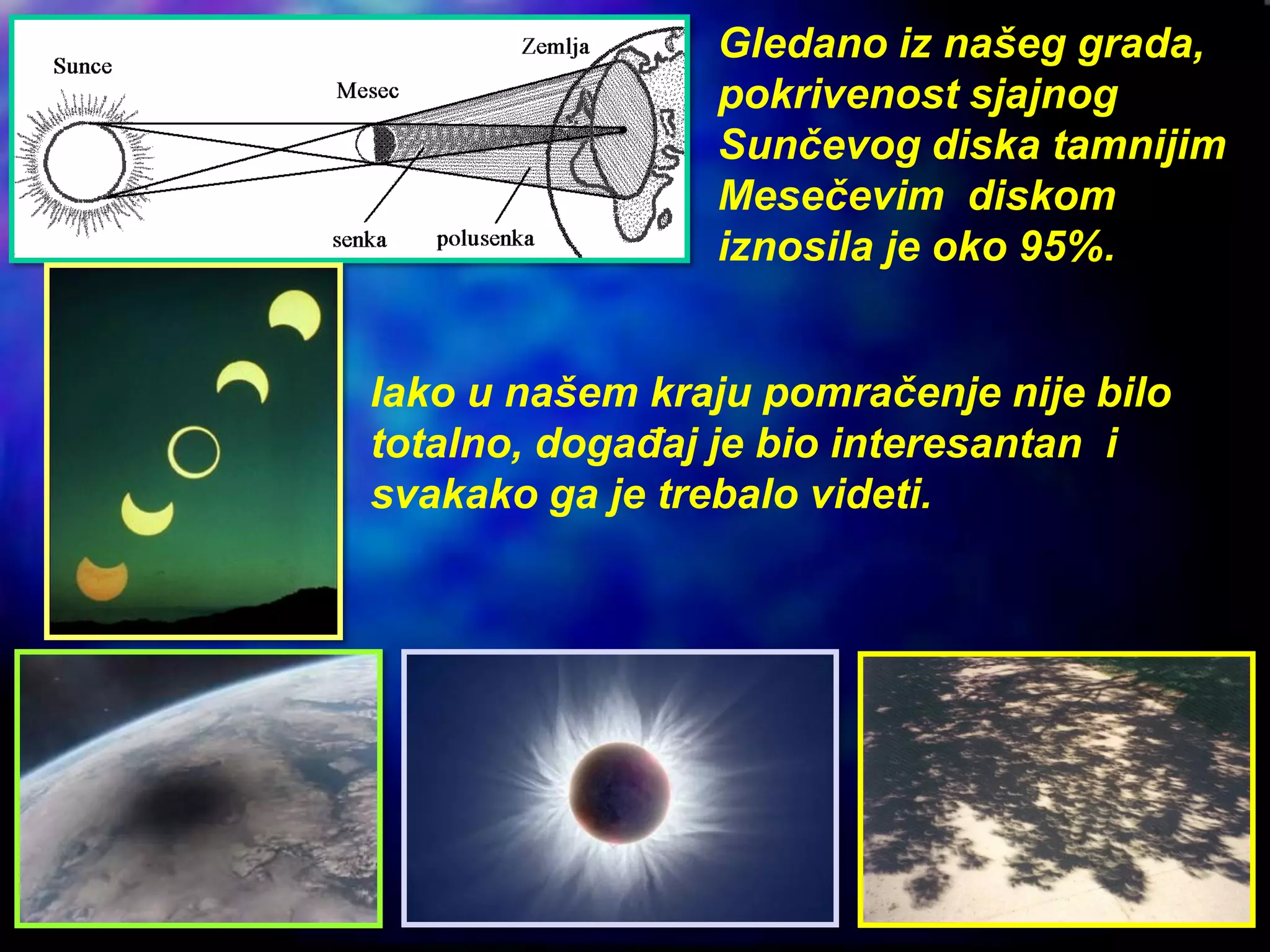Gledano iz našeg grada,
pokrivenost sjajnog
Sunčevog diska tamnijim
Mesečevim diskom
iznosila je oko 95%.
Iako u našem kraju pomračenje nije bilo
totalno, događaj je bio interesantan i
svakako ga je trebalo videti.
 