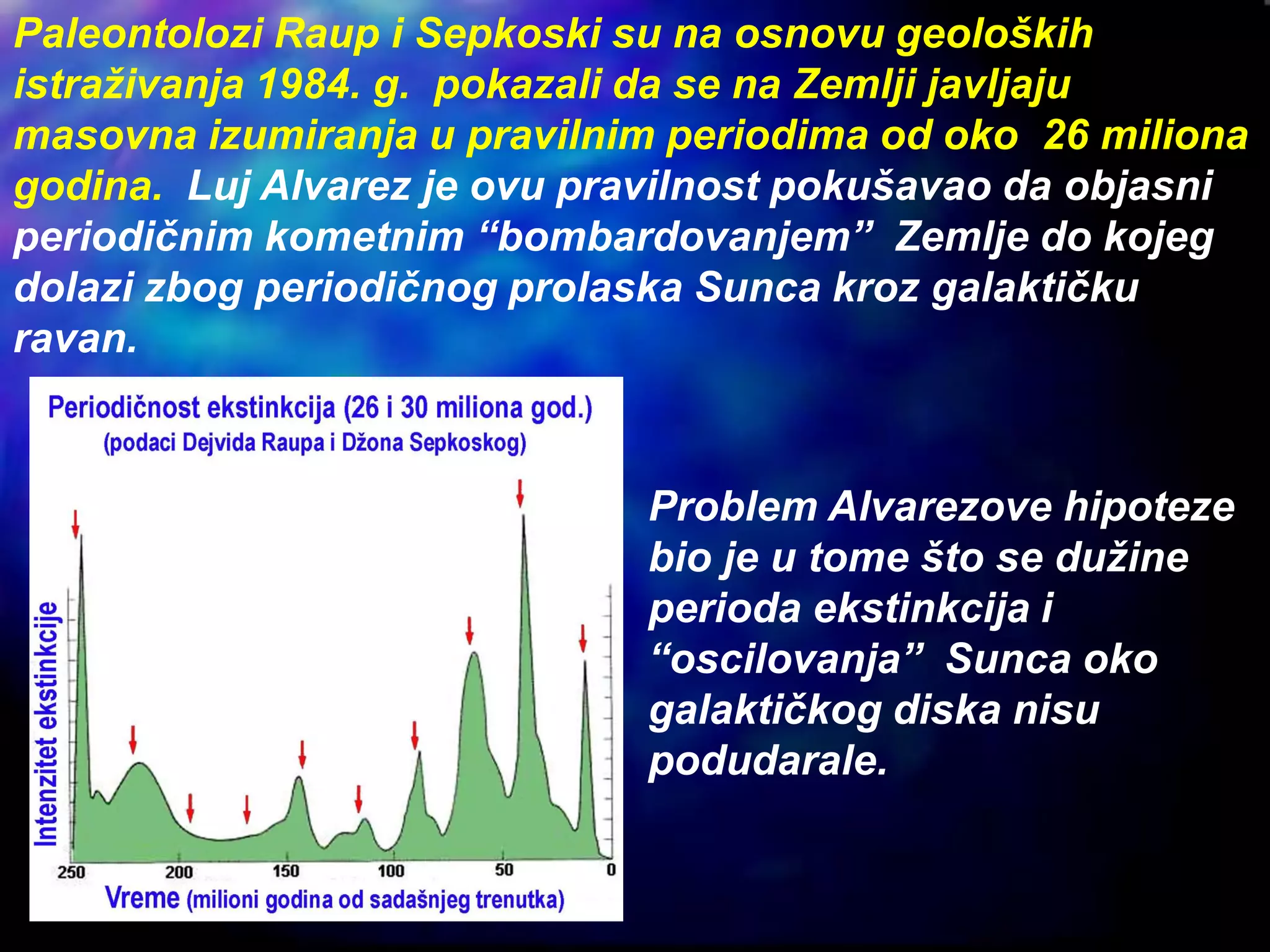 Paleontolozi Raup i Sepkoski su na osnovu geoloških
istraživanja 1984. g. pokazali da se na Zemlji javljaju
masovna izumiranja u pravilnim periodima od oko 26 miliona
godina. Luj Alvarez je ovu pravilnost pokušavao da objasni
periodičnim kometnim “bombardovanjem” Zemlje do kojeg
dolazi zbog periodičnog prolaska Sunca kroz galaktičku
ravan.
Problem Alvarezove hipoteze
bio je u tome što se dužine
perioda ekstinkcija i
“oscilovanja” Sunca oko
galaktičkog diska nisu
podudarale.
 