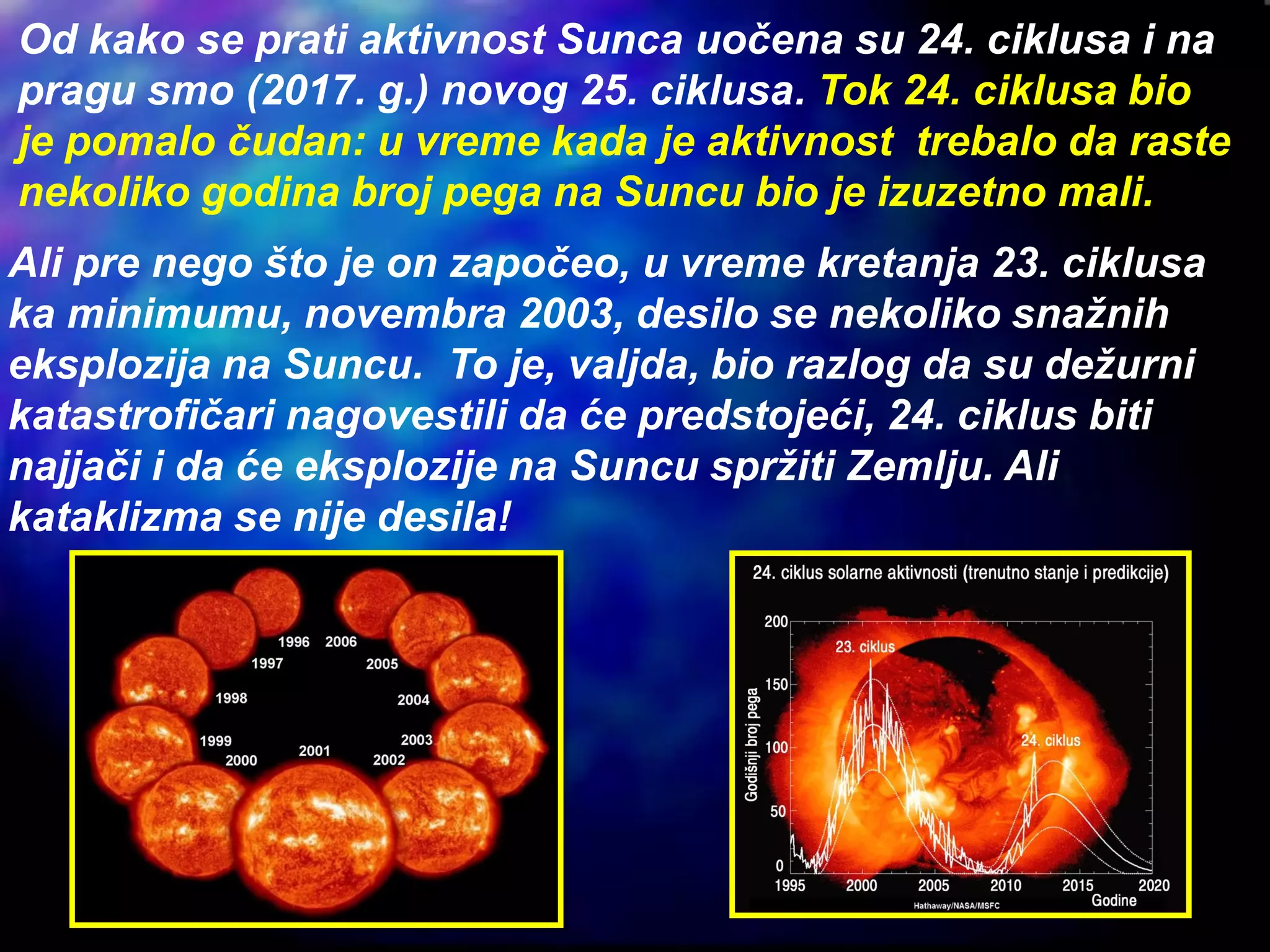 Od kako se prati aktivnost Sunca uočena su 24. ciklusa i na
pragu smo (2017. g.) novog 25. ciklusa. Tok 24. ciklusa bio
je pomalo čudan: u vreme kada je aktivnost trebalo da raste
nekoliko godina broj pega na Suncu bio je izuzetno mali.
Ali pre nego što je on započeo, u vreme kretanja 23. ciklusa
ka minimumu, novembra 2003, desilo se nekoliko snažnih
eksplozija na Suncu. To je, valjda, bio razlog da su dežurni
katastrofičari nagovestili da će predstojeći, 24. ciklus biti
najjači i da će eksplozije na Suncu spržiti Zemlju. Ali
kataklizma se nije desila!
 