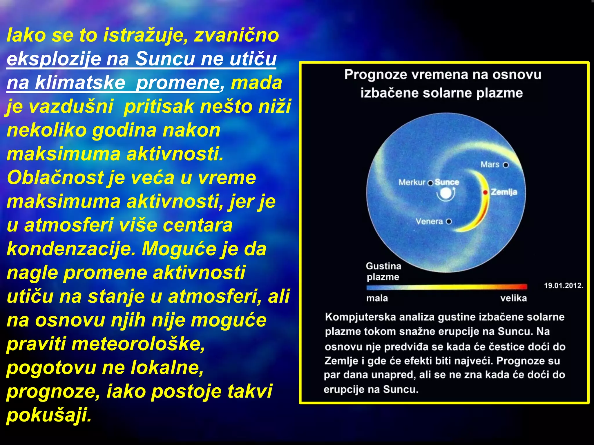 Iako se to istražuje, zvanično
eksplozije na Suncu ne utiču
na klimatske promene, mada
je vazdušni pritisak nešto niži
nekoliko godina nakon
maksimuma aktivnosti.
Oblačnost je veća u vreme
maksimuma aktivnosti, jer je
u atmosferi više centara
kondenzacije. Moguće je da
nagle promene aktivnosti
utiču na stanje u atmosferi, ali
na osnovu njih nije moguće
praviti meteorološke,
pogotovu ne lokalne,
prognoze, iako postoje takvi
pokušaji.
 