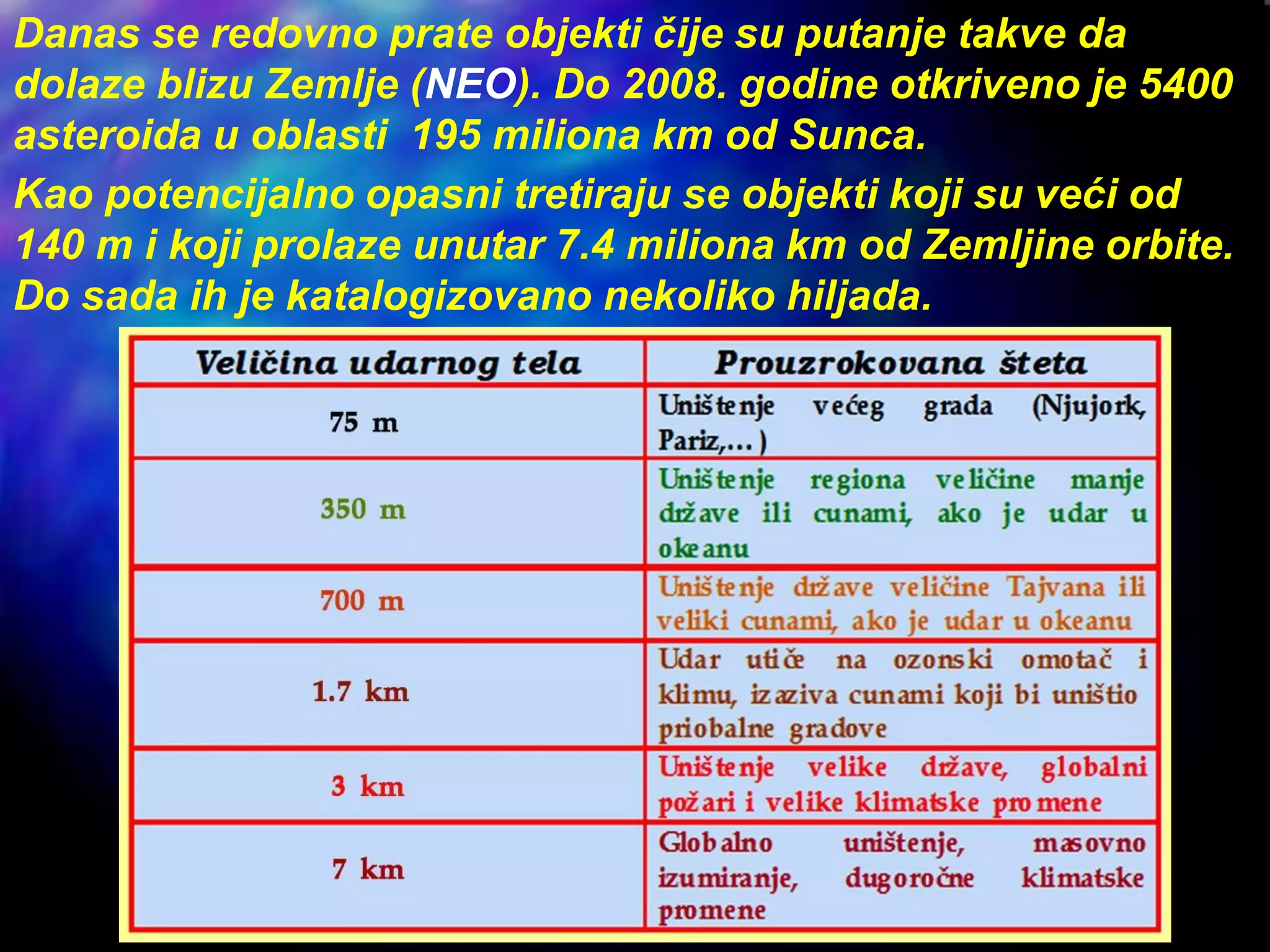 Danas se redovno prate objekti čije su putanje takve da
dolaze blizu Zemlje (NEO). Do 2008. godine otkriveno je 5400
asteroida u oblasti 195 miliona km od Sunca.
Kao potencijalno opasni tretiraju se objekti koji su veći od
140 m i koji prolaze unutar 7.4 miliona km od Zemljine orbite.
Do sada ih je katalogizovano nekoliko hiljada.
 