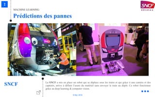 © Niji | 2018
MACHINE LEARNING
Prédictions des pannes
SNCF La SNCF a mis en place un robot qui se déplace sous les trains et qui grâce à une caméra et des
capteurs, arrive à définir l’usure du matériel sans envoyer le train au dépôt. Ce robot fonctionne
grâce au deep learning & computer vision.
 