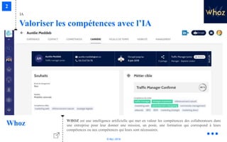 © Niji | 2018
IA
Valoriser les compétences avec l’IA
Whoz WHOZ est une intelligence artificielle qui met en valeur les compétences des collaborateurs dans
une entreprise pour leur donner une mission, un poste, une formation qui correspond à leurs
compétences ou aux compétences qui leurs sont nécessaires.
 