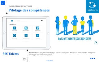 © Niji | 2018
365 Talent est une plateforme RH qui utilise l’Intelligence Artificielle pour aider les entreprises à
développer leur talent management.365 Talents
UNE PLATEFORME SOFTWARE
Pilotage des compétences
 