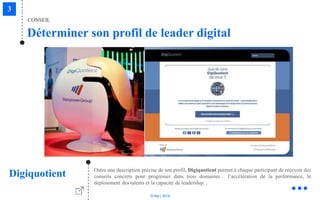 © Niji | 2018
CONSEIL
Déterminer son profil de leader digital
Digiquotient Outre une description précise de son profil, Digiquotient permet à chaque participant de recevoir des
conseils concrets pour progresser dans trois domaines : l’accélération de la performance, le
déploiement des talents et la capacité de leadership. .
 