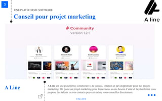 © Niji | 2018
A Line est une plateforme collaborative de conseil, création et développement pour des projets
marketing. On poste un projet marketing pour lequel nous avons besoin d’aide et la plateforme vous
propose des talents ou vos contacts peuvent même vous conseiller directement.
A Line
UNE PLATEFORME SOFTWARE
Conseil pour projet marketing
 