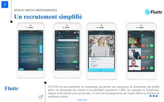 © Niji | 2018
FLUTTR est une plateforme de recrutement qui permet aux entreprises de sélectionner des profils
précis en choisissant des critères et en détaillant exactement l’offre, les capacités et l’expérience
requise et du côté de celui qui postule, il a une liste de propositions qu’il peut affiner en fonction de
nombreux critères.
Fluttr
Un recrutement simplifié
RÉSEAU SOCIAL PROFESSIONNEL
 