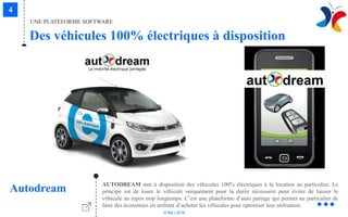 © Niji | 2018
AUTODREAM met à disposition des véhicules 100% électriques à la location au particulier. Le
principe est de louer le véhicule uniquement pour la durée nécessaire pour éviter de laisser le
véhicule au repos trop longtemps. C’est une plateforme d’auto partage qui permet au particulier de
faire des économies en arrêtant d’acheter les véhicules pour optimiser leur utilisation.
Autodream
UNE PLATEFORME SOFTWARE
Des véhicules 100% électriques à disposition
 