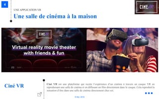 © Niji | 2018
Ciné VR est une plateforme qui recrée l’expérience d’un cinéma à travers un casque VR en
reproduisant une salle de cinéma et en diffusant un film directement dans le casque. Cela reproduit la
sensation d’être dans une salle de cinéma directement chez soi.
Ciné VR
UNE APPLICATION VR
Une salle de cinéma à la maison
 