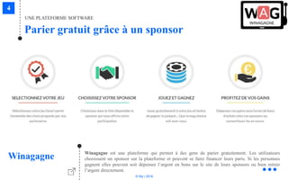 © Niji | 2018
UNE PLATEFORME SOFTWARE
Parier gratuit grâce à un sponsor
Winagagne Winagagne est une plateforme qui permet à des gens de parier gratuitement. Les utilisateurs
choisissent un sponsor sur la plateforme et peuvent se faire financer leurs paris. Si les personnes
gagnent elles peuvent soit dépenser l’argent en bons sur le site de leurs sponsors ou bien retirer
l’argent directement.
 