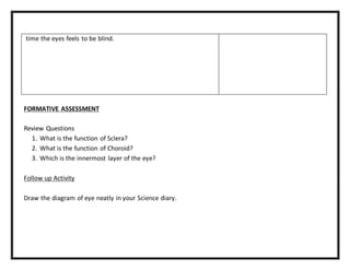 time the eyes feels to be blind. 
FORMATIVE ASSESSMENT 
Review Questions 
1. What is the function of Sclera? 
2. What is the function of Choroid? 
3. Which is the innermost layer of the eye? 
Follow up Activity 
Draw the diagram of eye neatly in your Science diary. 
