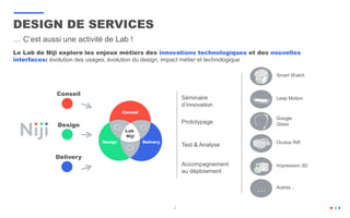8
Séminaire
d’innovation
Prototypage
Test & Analyse
Accompagnement
au déploiement
Google
Glass
Impression 3D
Leap Motion
Oculus Rift
Smart Watch
… Autres…
DESIGN DE SERVICES
… C’est aussi une activité de Lab !
Le Lab de Niji explore les enjeux métiers des innovations technologiques et des nouvelles
interfaces: évolution des usages, évolution du design, impact métier et technologique
Conseil
Design
Delivery
Conseil
Design Delivery
Lab
Niji
 