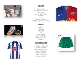 EQUIPaSBARCELOnAMANCHESTER UNITEDARSENALINTER DE MILÃOJUVENTUSCELTIWERDER BREMENFutebol Clube do PortoSELEÇÕESBRASILPORTUGALHOLANDAEUAAUSTRÁLIANOVA ZELÂNDIACOREIA DO SULFRANÇAJOGADORES NIKECRISTIANO RONALDOWAYNE ROONEYALEXANDRE PATOCESC FÁBREGASFRANCK RIBÈRYSERGIO AGÜEROTigerWoods