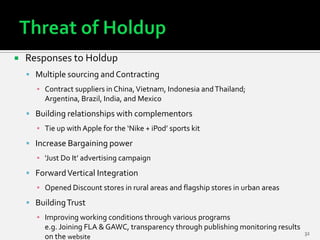    Responses to Holdup
     Multiple sourcing and Contracting
      ▪ Contract suppliers in China, Vietnam, Indonesia an...
