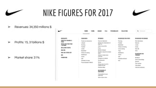 NIKE FIGURES FOR 2017
➢ Revenues: 34,350 millions $
➢ Profits: 15, 31billions $
➢ Market share: 31%
 
