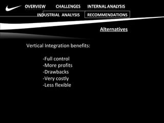 Vertical Integration benefits: -Full control -More profits -Drawbacks -Very costly -Less flexible Alternatives INDUSTRIAL  ANALYSIS  RECOMMENDATIONS 