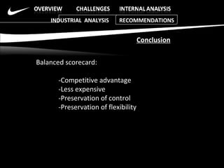 Balanced scorecard: -Competitive advantage -Less expensive -Preservation of control -Preservation of flexibility INDUSTRIAL  ANALYSIS  RECOMMENDATIONS Conclusion 