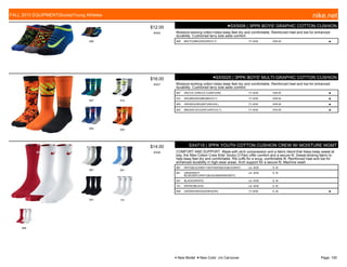 909
$12.00
W055
●SX5006 | 3PPK BOYS' GRAPHIC COTTON CUSHION
Moisture-wicking cotton helps keep feet dry and comfortable. Reinforced heel and toe for enhanced
durability. Cushioned terry sole adds comfort.
909 BK/(TO)/BK/(GR)/GR/(VLT) 7/1-9/30 XXS-M ■
907 914
905 903
$16.00
W527
●SX5025 | 3PPK BOYS' MULTI-GRAPHIC COTTON CUSHION
Moisture-wicking cotton helps keep feet dry and comfortable. Reinforced heel and toe for enhanced
durability. Cushioned terry sole adds comfort.
907 ANT/(VLT)/RE/(VLT)/ANT/(GR) 7/1-9/30 XXS-M ■
914 WG/(BK)/WH/(BK)/BK/(VLT) 7/1-9/30 XXS-M ■
905 GR/(WG)/GR/(ANT)/WG/(HL) 7/1-9/30 XXS-M ■
903 BM/(ANT)/EO/(ANT)/ANT/(VLT) 7/1-9/30 XXS-M ■
967 941
001 101
948
$14.00
W526
SX4719 | 3PPK YOUTH COTTON CUSHION CREW W/ MOISTURE MGMT
COMFORT AND SUPPORT. Made with arch compression and a fabric blend that helps keep sweat at
bay, the Nike Cotton Crew Kids' Socks (3 Pair) offer comfort and a secure fit. Sweat-wicking fabric to
help keep feet dry and comfortable. Rib cuffs for a snug, comfortable fit. Reinforced heel and toe for
enhanced durability in high-wear areas. Arch support for a secure fit. Machine wash
967 WHT/(BLK)/GREY HEATHER/(BLK)/BLK/(WHT) c/o -9/30 S, M
941 UNIVERSITY
BLUE/(WHT)/WHT/(BLK)/OBSIDIAN/(WHT)
c/o -9/30 S, M
001 BLACK/(WHITE) c/o -9/30 S, M
101 WHITE/(BLACK) c/o -9/30 S, M
948 GR/(WH)/WH/(GR)/WH/(GR) 7/1-9/30 S, M ■
FALL 2015 EQUIPMENT|Socks|Young Athletes nike.net
● New Model ■ New Color c/o Carryover Page: 100
 