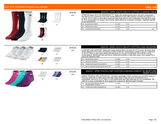 079 101
978
$16.00
W527
SX4723 | 3PPK YOUTH DRI-FIT COTTON CUSHION CREW
COMFORTABLE WITH AN ENHANCED FIT. Made with sweat-wicking fabric and arch compression,
the Nike Dri-FIT Cushioned Crew Kids' Socks (Medium/3 Pair) offer premium comfort and support in a
snug fit. Dri-FIT fabric to wick away sweat and help keep feet dry and comfortable. Rib cuffs for a snug
fit. Arch compression for support and comfort. Mesh panels for increased ventilation. Right/left specific
for an enhanced fit.
079 BLACK/(FLINT GREY) c/o -9/30 S, M
101 WHITE/(FLINT GREY) c/o -9/30 S, M
978 GR/(WH)/BK/(GR)/WH/(BK) 7/1-9/30 S, M ■
001 101
963 137
$16.00
W527
SX4724 | 3PPK YOUTH DRI-FIT COTTON CUSH NO-SHOW
COMFORT AND SUPPORT. Made with sweat-wicking fabric, the Nike Dri-FIT Cushion No-Show Kids'
Socks (Medium/3 Pair) offer long-lasting comfort while arch compression creates a secure, supportive
fit. Dri-FIT fabric to wick away sweat and help keep you dry and comfortable. Rib cuffs for a snug,
comfortable fit. Reinforced heel and toe for enhanced durability in high-wear areas. Arch support for a
secure fit. Machine wash
001 BLACK/(FLINT GREY) c/o -9/30 S, M
101 WHITE/(FLINT GREY) c/o -9/30 S, M
963 PF/(WHITE)/FG/(WHITE)/HG/(WHITE) c/o -9/30 S, M
137 WHT/(FSPK)/WHITE/(NETRQ)/WHITE/(ATPR c/o -9/30 S, M
164 916
$12.00
W055
SX4727 | 3PPK YOUTH LTWT COTTON CUSHION LOWCUT W/ MOISTURE
MGMT XXS-M
SWEAT-WICKING AND SUPPORTIVE. The Nike Lightweight Cotton Cushion Low-Cut Kids' Socks (3
Pair) are made with a cotton blend that helps keep sweat at bay and arch compression for a
comfortable, secure fit. Dri-FIT fabric to wick sweat away and help keep feet dry and comfortable. Rib
cuffs for a snug, comfortable fit. Arch support for a secure fit. Machine wash Imported
164 WHT/(FUSION PINK)/WHT/(DARK
IRIS)/WHT/(BALTIC BLUE)
c/o -9/30 S, M
916 HP/(WHITE)/LA/(WHITE)/BB/(WHITE) c/o -9/30 S, M
FALL 2015 EQUIPMENT|Socks|Young Athletes nike.net
● New Model ■ New Color c/o Carryover Page: 102
 