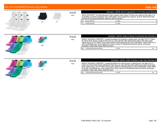 001 101
$16.00
W527
SX4462 | 6PPK BOYS BANDED COTTON QUATER-M
SNUG SUPPORT. The Nike Banded Cotton Quarter Kids' Socks (3 Pairs) are made of soft cotton in a
snug-fitting cut that's supportive and comfortable. Arch support for a secure, snug fit. Reinforced heel
and toe for enhanced durability. Machine wash Imported
001 BLACK/(WHITE) c/o -9/30 .
101 WHITE/(BLACK) c/o -9/30 .
905
$16.00
W527
SX4463 | 6PPK GIRLS NON-CUSHION NO-SHOW-L
SWEAT-WICKING COMFORT. A great foundation for training or playing hard, the Nike Dri-FIT Cotton
No-Show Kids' Socks (Large/6 Pair) have an ultra-soft feel with performance fabric that helps keep
sweat at bay. Dri-FIT fabric wicks away sweat to help keep feet dry and comfortable. Cotton fabric for a
soft, comfortable feel. Arch support for a snug, secure fit. Reinforced heel and toe for enhanced
durability in high-wear areas. Machine wash
905 F/(W)/K/(W)/B/(W)/V/(W)/A/(W)/ 7/1-9/30 . ■
905
$16.00
W527
SX4464 | 6PPK GIRLS NON-CUSH NO-SHOW-M
SWEAT-WICKING COMFORT. A great foundation for training hard or playing hard, the Nike Dri-FIT
Cotton No Show Kids' Socks (Medium/6 Pair) have an ultra-soft feel with performance fabric that helps
keep sweat at bay. Dri-FIT fabric wicks away sweat to help keep feet dry and comfortable. Cotton fabric
for a soft, comfortable feel. Arch support for a snug, secure fit. Reinforced heel and toe for enhanced
durability in high-wear areas. Machine wash
905 F/(W)/K/(W)/B/(W)/V/(W)/A/(W)/ 7/1-9/30 . ■
FALL 2015 EQUIPMENT|Socks|Young Athletes nike.net
● New Model ■ New Color c/o Carryover Page: 105
 