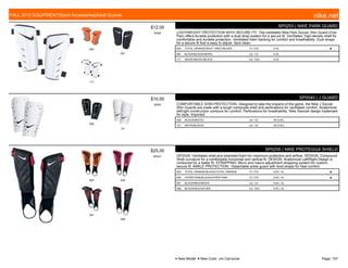 803
067
117
$12.00
W006
SP0253 | NIKE PARK GUARD
LIGHTWEIGHT PROTECTION WITH SECURE FIT. The ventilated Nike Park Soccer Shin Guard (One
Pair) offers durable protection with a dual strap system for a secure fit. Ventilated, high-density shell for
comfortable and durable protection. Ventilated foam backing for comfort and breathability. Dual straps
for a secure fit that is easy to adjust. Spot clean
803 TOTAL ORANGE/WOLF GREY//BLACK 7/1-7/31 S-XL ■
067 BLACK/BLACK//WHITE c/o -1/2 S-XL
117 WHITE/WHITE//BLACK c/o -10/2 S-XL
009
101
$10.00
W005
SP0040 | J GUARD
COMFORTABLE SHIN PROTECTION. Designed to take the impacts of the game, the Nike J Soccer
Shin Guards are made with a tough composite shell and perforations for ventilated comfort. Anatomical
left/right construction contours for comfort. Perforations for breathability. Nike Swoosh design trademark
for style. Imported
009 BLACK/WHITE// c/o -1/2 XS S M L
101 WHITE/BLACK// c/o -1/2 XS S M L
803 639
061
069
$25.00
W0521
SP0255 | NIKE PROTEGGA SHIELD
DESIGN: Ventilated shell and extended foam for maximum protection and airflow. DESIGN: Compound
Shell curvature for a comfortable horizontal and vertical fit. DESIGN: Anatomical Left/Right Design is
contoured for a better fit. STRAPPING: Micro and macro adjustment strapping system for custom,
secure fit. ANKLE PROTECTION: Detachable ankle guard with boot-shape for heel comfort.
803 TOTAL ORANGE/BLACK//TOTAL ORANGE 7/1-7/31 S M L XL ■
639 HYPER PINK/BLACK//HYPER PINK 7/1-7/31 S M L XL ■
061 BLACK/RED//WHITE c/o -1/2 S M L XL
069 BLACK/RED//SILVER c/o -10/2 S M L XL
FALL 2015 EQUIPMENT|Sport Accessories|Adult Guards nike.net
● New Model ■ New Color c/o Carryover Page: 107
 