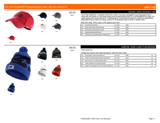 010 021
100 451
657
$22.00
W0011
626305 | NSW WASHED H86
CUSTOM COMFORT, CLASSIC ATHLETIC LOOK. The Nike Heritage86 Futura Adjustable Hat is
made with soft cotton in a six-panel design and an embroidered logo for a comfortable fit and style. Six-
panel design with interior taping for a comfortable fit. Embroidered eyelets for enhanced breathability.
Adjustable strap at back for a snug, custom fit. Embroidered logo at front for athletic style.
Body Bill: 285g. 100% cotton (10% organic) plain twill.
010 BLACK/BLACK//WHITE c/o -9/30 MISC
021 DARK GREY/DARK GREY//BLACK c/o -9/30 MISC
100 WHITE/WHITE//UNIVERSITY RED c/o -9/30 MISC
451 OBSIDIAN/OBSIDIAN//WHITE c/o -9/30 MISC
657 UNIVERSITY RED/UNIVERSITY RED//BLACK c/o -9/30 MISC
010
325
100 891
480
$30.00
W0051
●688788 | NSW CAMO POM BEANIE
100% ACRYLIC
Knitted pom beanie with seasonal graphic, stitched woven label.
010 BLACK/WOLF GREY/ANTHRACITE/ 8/1-10/31 MISC ■
325 CARGO KHAKI/SEAWEED/DARK OBSIDIAN/ 8/1-10/31 MISC ■
100 WHITE/PURE PLATINUM/DARK GREY/ 8/1-10/31 MISC ■
891 TEAM ORANGE/LOTUS/MAHOGANY/ 8/1-10/31 MISC ■
480 GAME ROYAL/MIDNIGHT NAVY/DARK OBSIDIAN/ 8/1-10/31 MISC ■
FALL 2015 EQUIPMENT|Headwear|Men's Red Label Nike Sportswear nike.net
● New Model ■ New Color c/o Carryover Page: 11
 